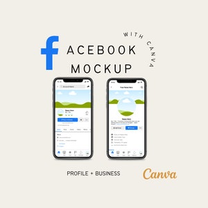 May include: A mockup of a Facebook profile and business page on a smartphone screen. The profile page features a green and blue landscape with a cloud and the text "Name Here". The business page features a similar landscape with the text "Name Here". The text "WITH CANVA" appears above the mockup and the text "PROFILE + BUSINESS" appears below the mockup.