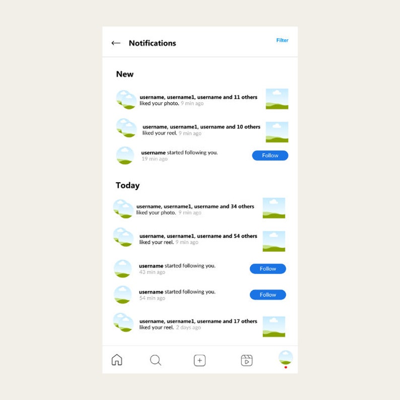K&ouml;nnte beinhalten: Ein Screenshot eines Mobiltelefons, auf dem die Benachrichtigungsseite einer Social-Media-App angezeigt wird. Die Seite zeigt eine Liste der letzten Benachrichtigungen, darunter Likes, Kommentare und neue Follower. Die Benachrichtigungen sind nach "Neu" und "Heute" geordnet.