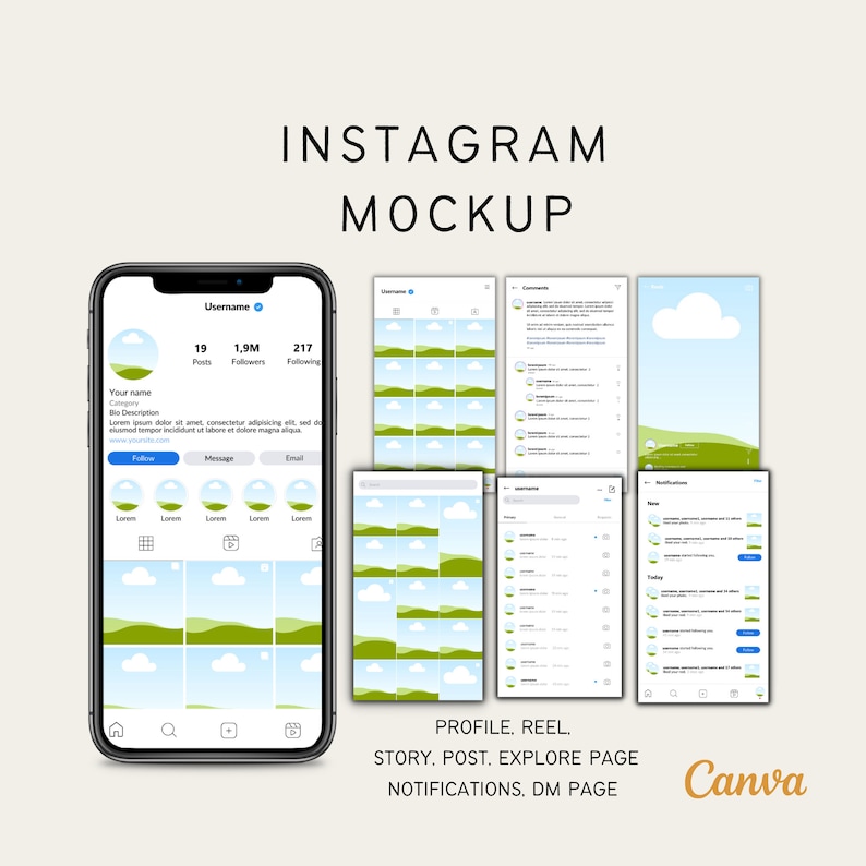 May include: A mockup of an Instagram profile, showing the profile page, reel, story, post, explore page, notifications, and direct message page. The profile page features a green and blue landscape with clouds. The text "INSTAGRAM MOCKUP" is displayed at the top of the image. The text "Canva" is displayed at the bottom of the image.