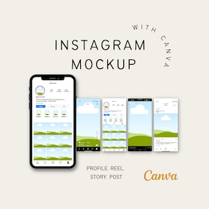 K&ouml;nnte beinhalten: Mockup eines Instagram-Profils, einer Rolle, einer Story und eines Beitrags auf einem Smartphone-Bildschirm. Das Profil zeigt eine gr&uuml;ne und blaue Landschaft mit Wolken. Die Rolle, die Story und der Beitrag zeigen &auml;hnliche Landschaften mit unterschiedlichen Winkeln und Zoomstufen. Der Text "WITH CANVA" wird &uuml;ber dem Telefonbildschirm angezeigt.
