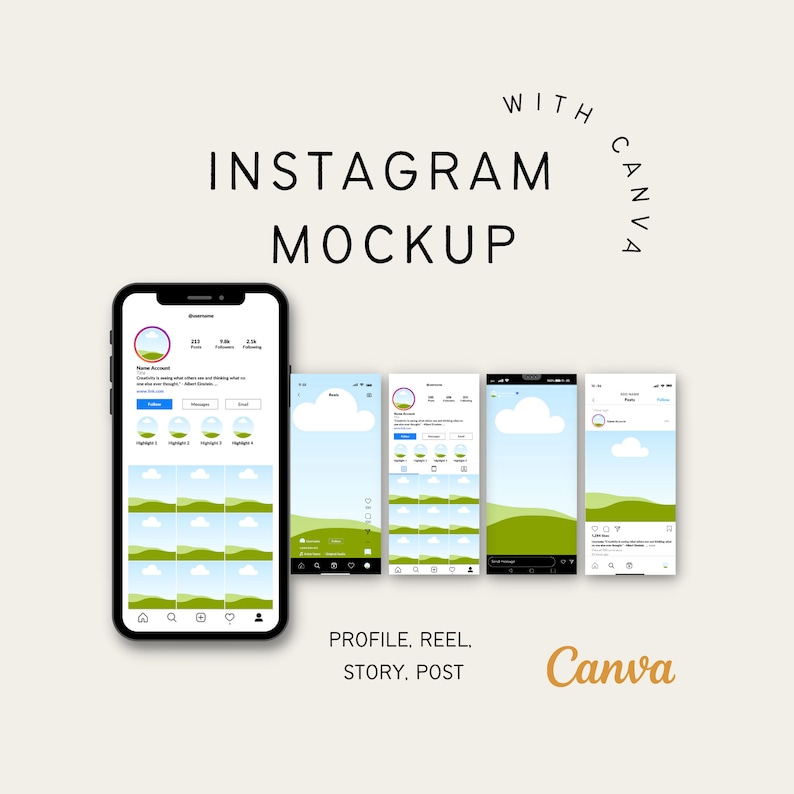 K&ouml;nnte beinhalten: Mockup eines Instagram-Profils, einer Rolle, einer Story und eines Beitrags auf einem Smartphone-Bildschirm. Das Profil zeigt eine gr&uuml;ne und blaue Landschaft mit Wolken. Die Rolle, die Story und der Beitrag zeigen &auml;hnliche Landschaften mit unterschiedlichen Winkeln und Zoomstufen. Der Text "WITH CANVA" wird &uuml;ber dem Telefonbildschirm angezeigt.