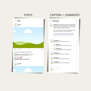 May include: A screenshot of a social media post showing a landscape illustration with green hills and blue sky. The post has a caption and comments from other users. The caption reads "Lorem ipsum dolor sit amet, consectetur adipisicing elit, sed do eiusmod tempor. Lorem ipsum dolor sit amet, consectetur adipiscing elit, sed do eiusmod tempor incididunt ut labore et dolore magna aliqua. Ut enim ad minim veniam, quis nostrud exercitation ullamco laboris nisi ut aliquip ex ea commodo consequat. #loremipsum #loremipsum #loremipsum #loremipsum #loremipsum".