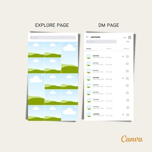 May include: A mockup of a social media app interface showing an explore page with a grid of images of a blue sky with white clouds and green hills, and a direct message page with a list of messages from different users. The text "EXPLORE PAGE" and "DM PAGE" are at the top of the screens.
