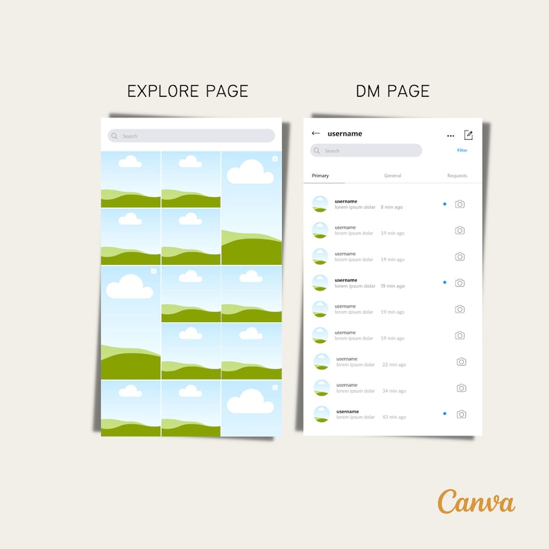 May include: A mockup of a social media app interface showing an explore page with a grid of images of a blue sky with white clouds and green hills, and a direct message page with a list of messages from different users. The text "EXPLORE PAGE" and "DM PAGE" are at the top of the screens.