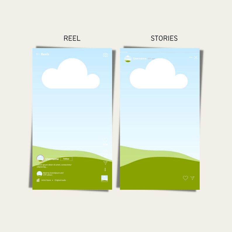 May include: A blue and green Instagram reel and story template with a white cloud and the text "Reels" and "Stories".