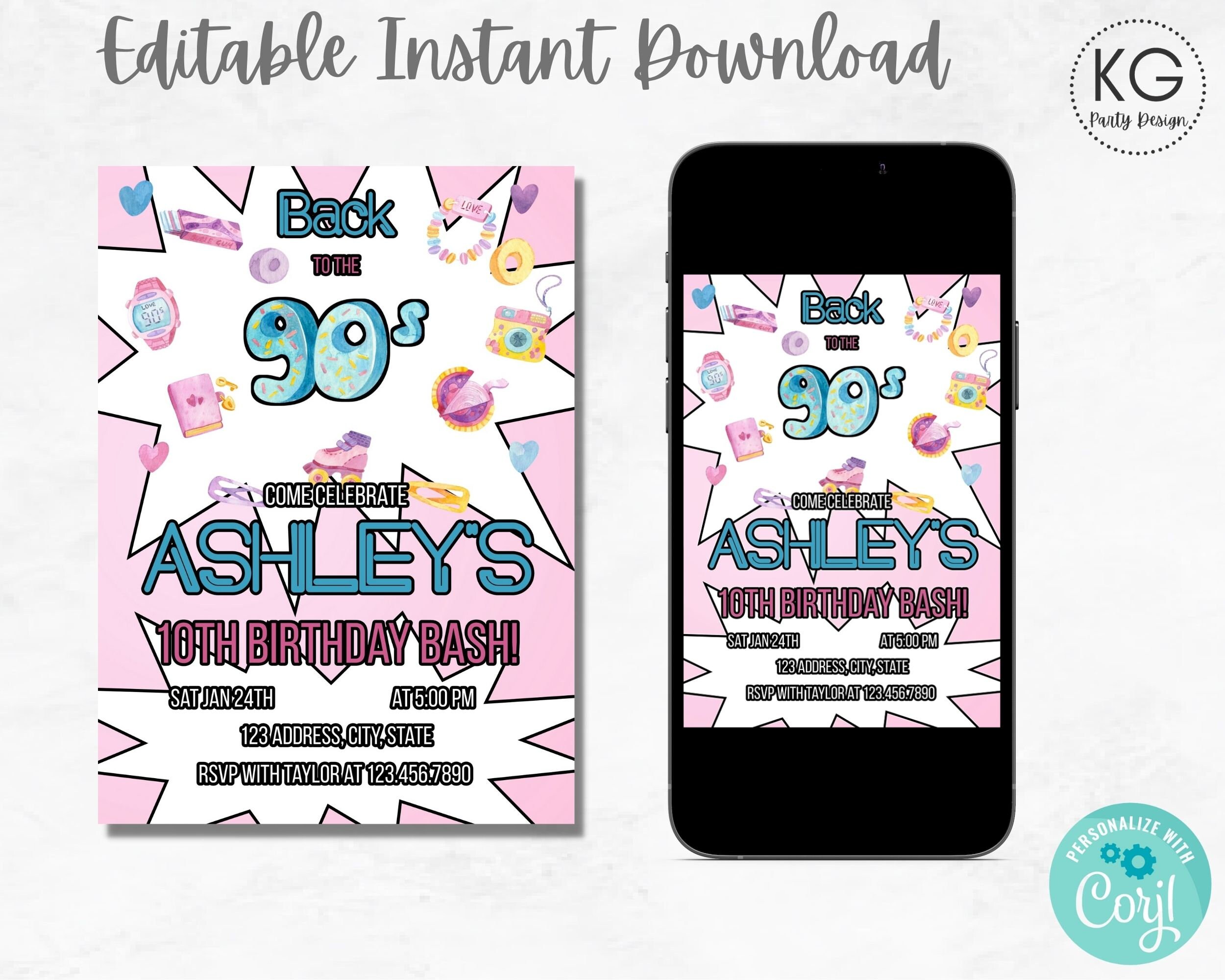 90s Birthday Invitation 90s Themed Party Back To The 90s Party Invitation Girl Pink Editable Instant Download Template