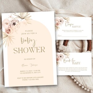 Boho Baby Shower Invitation Set Template, Boho, Peach, Editable instant download, Invitation, diaper raffle, book for baby, Boho