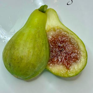 May include: A whole light green fig next to a halved fig showing a translucent pinkish-red interior with small seeds. The text Angelito is printed in black script in the upper right corner against a plain white background.