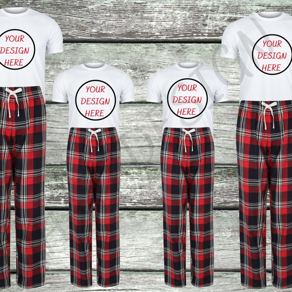 Christmas Family Tartan Pyjamas Mockup Photo, Blank White Styled Stock Photography, Christmas Mock Up Shirts, Top View Flat Lay, Template