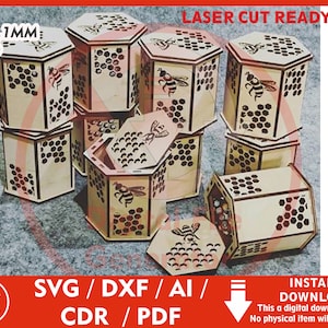 Honey Jar Box for 1/8&quot; or 3.1mm thk wood - SVG  Dxf / Cdr / Ai / Pdf / Dwg Laser Cut File instant download CNC Cutting Vector