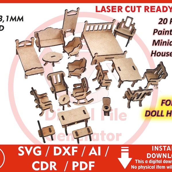 Laser cut doll house furniture 20 files Glowforge doll house kit  Furniture miniatures cutting plan Doll house  Dxf Cdr Ai Pdf Svg Vektor