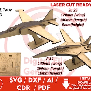 F-14 Su-25 Puzzle Air Plane Model for 1/8&quot; or 3.1mm wood - SVG / Dxf / Cdr / Ai / Pdf / Dwg Laser Cut File instant download  Cutting Vector