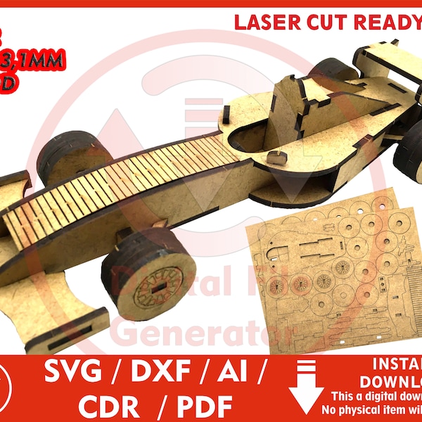 F1 Formula Car Model for 1/8" or 3.1mm thk wood - SVG / Dxf / Cdr / Ai / Pdf / Dwg Laser Cut File instant download CNC Cutting VectorF