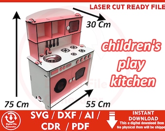 May include: A pink and white children's play kitchen with a stove, sink, and oven. The kitchen is 30 cm tall, 55 cm wide, and 75 cm deep. The digital file includes SVG, DXF, AI, CDR, and PDF formats.