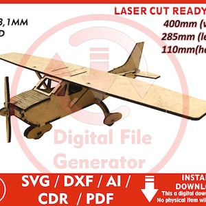 Modelo de avião aéreo Cessna 3D Puzzle para madeira de 1/8 "ou 3,1 mm - SVG / Dxf / Cdr / Ai / Pdf / Dwg Arquivo de corte a laser download instantâneo Vetor de corte CNC