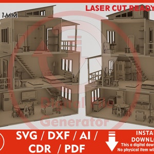 Laser cut doll house furniture 24 digital file Glowforge doll house kit  file Furniture miniatures cutting plan Doll house accessories SVG