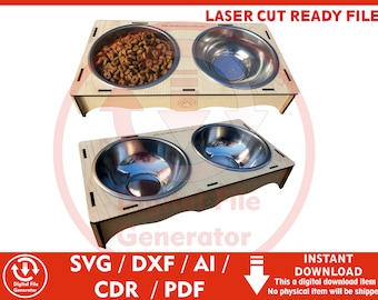 May include: Two wooden pet food bowls with stainless steel inserts. One bowl is filled with dry pet food. The bowls are set in a laser-cut wooden frame. The text "LASER CUT READY FILE" is at the top.
