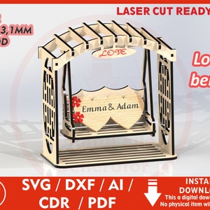 Puede incluir: Archivo de corte por láser para un banco-columpio de amor con un asiento en forma de corazón. El columpio está hecho de madera y está diseñado para madera de 1/8 de pulgada a 3,1 mm de grosor. El archivo incluye el texto "Love" y "Emma & Adam".