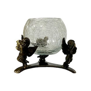 Vintage Brass Angel Cherubs Crackle Glass Candle Holder by Hallmark, Votive Candle Holder, Vintage - (1990&#39;s)