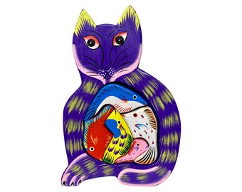 Unique "Cat Full of Fish" Wooden Puzzle - (6 pc), Mexican Cat Shaped Puzzle, Hand Painted, Wood, Vintage - (1980's)