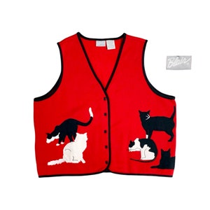 Vintage Black & White Cat Embroidered Appliqué V-Neck Sweater Vest by Blair®, (X-Large), Red Holiday Cat Sweater Vest - (1990&#39;s)