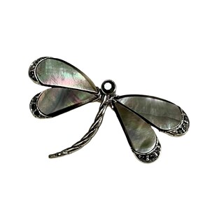 Vintage Monet Dragonfly Silver-Tone Brooch w/ Abalone Shell Wings & Marcasite Accents, Signed ©Monet, Figural Statement Jewelry - (1990's)