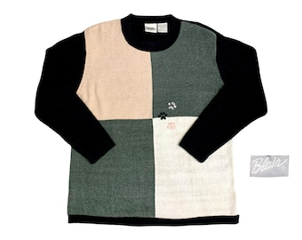 Vintage Cat Paw Sweater by Blair Boutique, Color Block Cat Sweater, (Large), Velour Knit Cat Sweater, Vintage - (1990's)