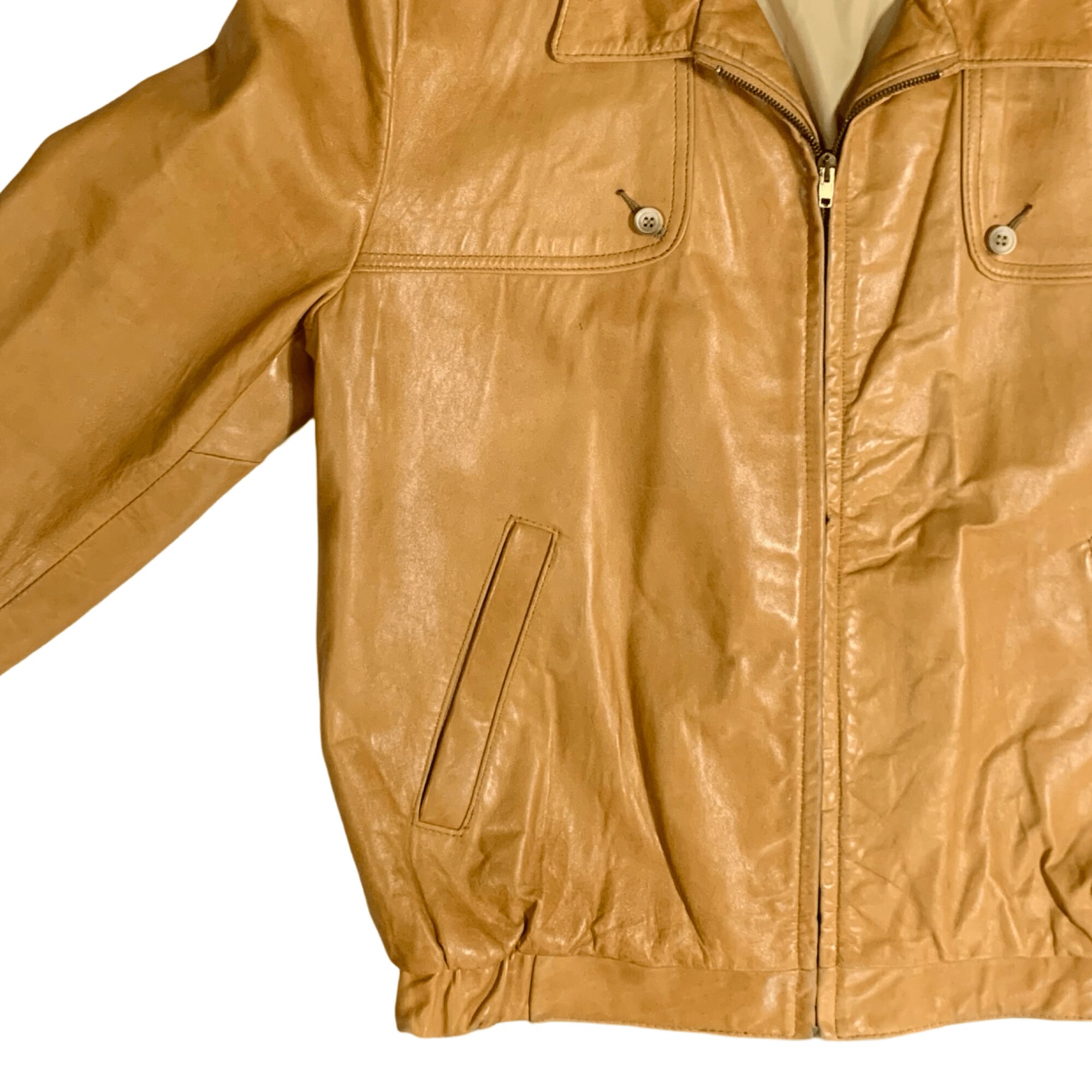 Vintage Tobacco Brown Soft Leather Zip-up Bomber Jacket by
