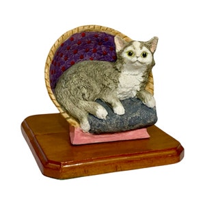 Gray Cat Sitting In Wicker Hoop Chair Figurine, Japanese Cat, Hand Painted, Ceramic + Wood Base, Japan, Vintage - (1970&#39;s)