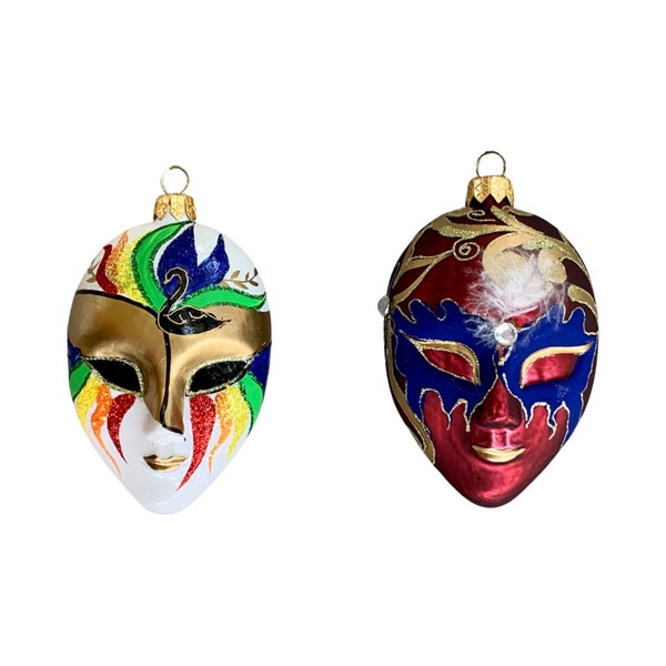 Venetian Mask Glass Ornament Set, (Set of 2), Mardi Gras Mask Ornament Set, Christmas Carnival Collectible Ornaments, Vintage - (1990's)