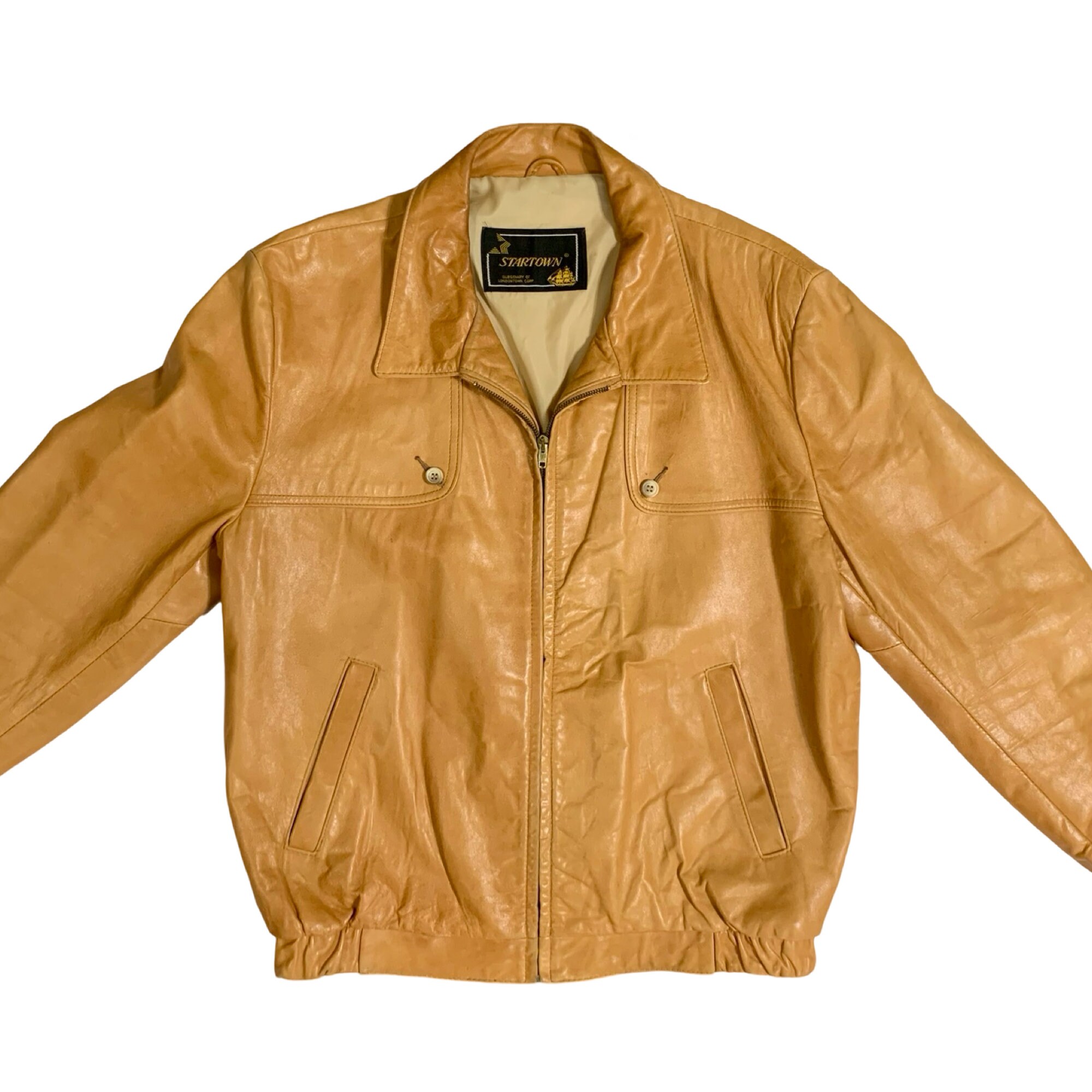 Vintage Tobacco Brown Soft Leather Zip-up Bomber Jacket by