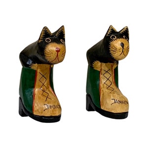 Jamaican Black Cat Figurine Set, Wooden Handcrafted, Cat Decor, Vintage - (1990&#39;s)