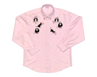 P.G.B. - "Spring Cat & Floral Butterfly" Embroidered Button Down Ladies Shirt, Pinstripe Pink, L/S, (LG), Cat Shirt, Vintage - (1990's)