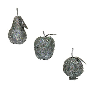 Elegant &quot;Apple, Pomegranate & Pear&quot; Beaded Sequin and Glitter Crystal Ornament Set, Hanging Fruit Ornament, Silver, Vintage - (1990&#39;s)