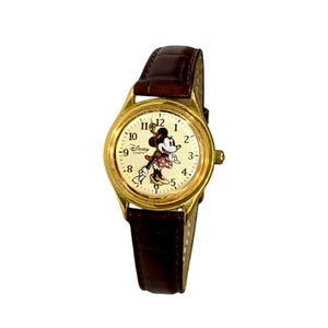 Disney® Minnie Mouse Watch by Disney Time Works, Gold Tone Quartz, Leather Strap, Japan, Vintage - (1990&#39;s)
