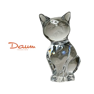Daum France Sitting Cat Crystal Figurine, Signed, Hand Made Crystal Glass Sculpture, Cat Glass Art, France, Vintage - (1980&#39;s)