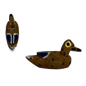 Folk Art Hand Carved Wood Duck Miniature Figurine, Hand Painted, Wood, Vintage - (1970&#39;s)