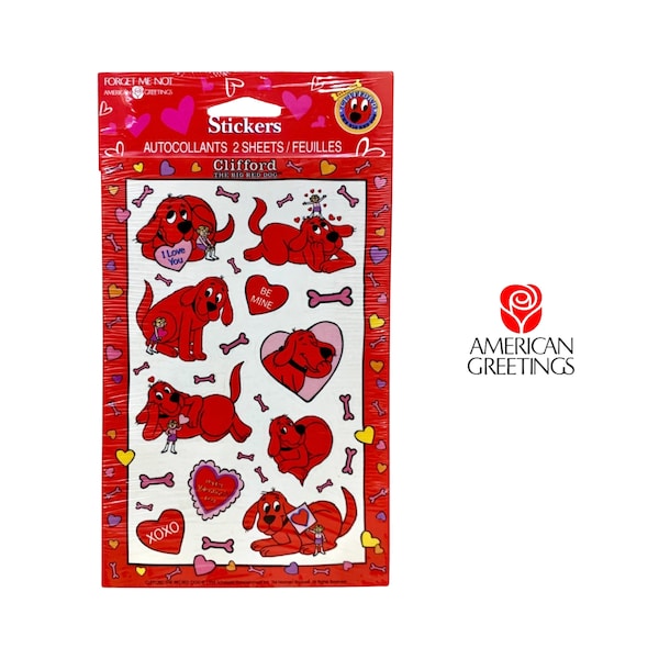 Clifford The Big Red Dog Stickers, Valentine's Day Stickers by American Greetings, (2 Sheets), Sealed, Vintage - (1999)