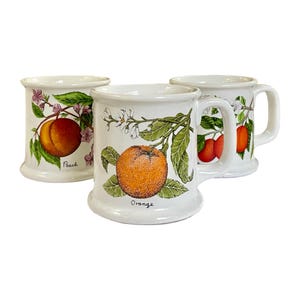 Vintage "Lauffer Botanical Fruit" Stoneware Mugs by Gailstyn-Sutton, (Set of 3), Ceramic, (Plum, Peach, Orange), Made In Japan - (1970's)