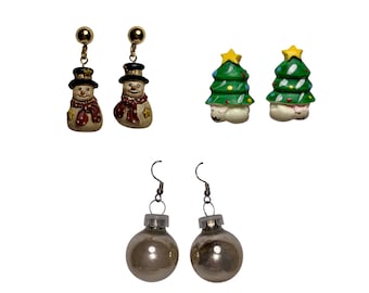Vintage Christmas Earring Set, Snowman, Cat Tree, and Silver Ornament Earrings - (1980 - 1990's)