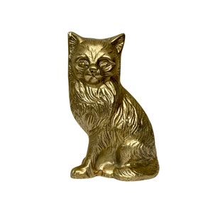 Mid-Century Long Haired Sitting Cat Brass Figurine, Persian Brass Cat, Solid Brass, Vintage - (1960&#39;s)