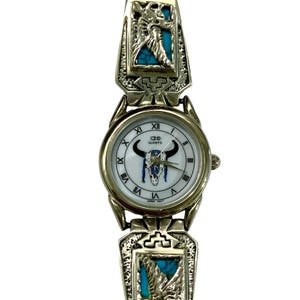 Vintage Southwestern Turquoise Eagle & Bull Head Sterling Silver Watch, Quartz, Ladies Western Watch, Japan Movt., Vintage - (1980&#39;s)