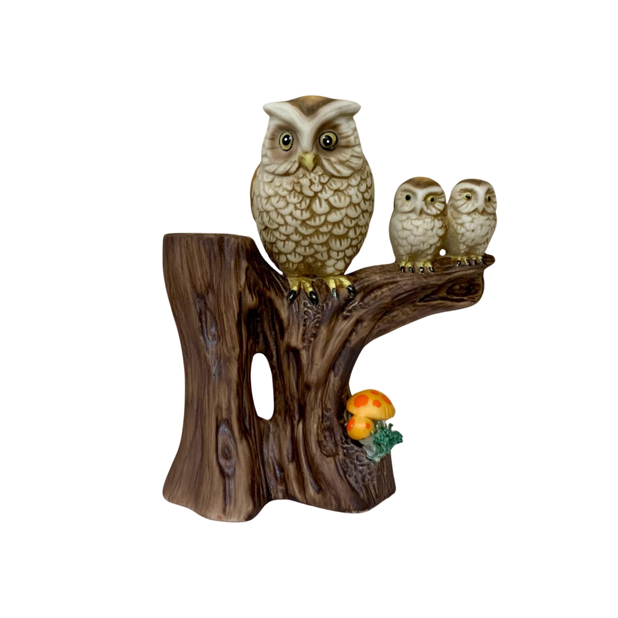 Vintage Ardco&reg; Owls On Tree Perch w/ Mushrooms Figurine, Porcelain, (Model No. C-3805), Retro Ow