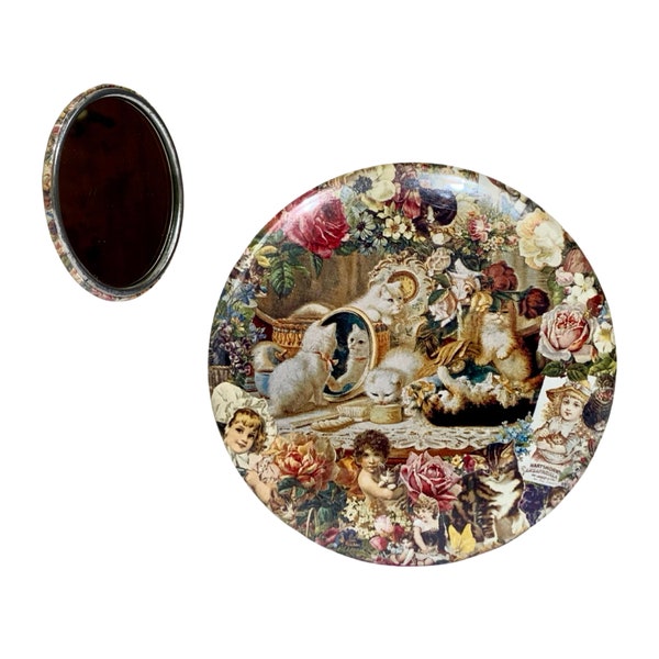 Romantic Victorian Cat Pocket Mirror, (3" D) Pocket Mirror, Vanity Accessory, Vintage - (1980's)