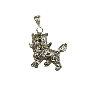 May include: A silver-colored pendant in the shape of a cat. The cat is depicted in a walking pose with its tail up and a bow around its neck. The pendant has a loop at the top for a chain.