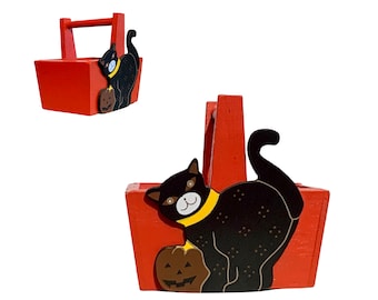 Halloween "Black Cat & Pumpkin" Miniature Wooden Basket, Halloween Candy Container + Decor, (Red + Black), Vintage - (1980's)