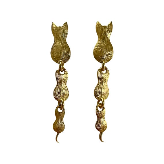 Vintage Articulated Cat Silhouette Dangle Earrings, Brushed Gold-Tone Three Part Articulated Cat Post Textured Statement Earrings - (1980's)