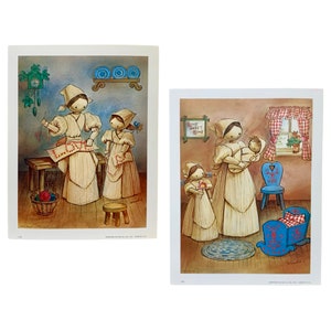 Primitive Home Sweet Home Mother & Children Colorful Lithograph Print Set by Mindea, (7&quot; x 9&quot;), Bernard Picture Co Inc., Vintage - (1970&#39;s)