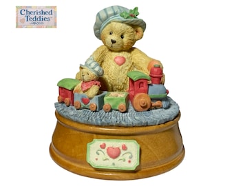 Vintage Cherished Teddies® - Bear Playing w/ Train Christmas Musical Figurine - (1993)