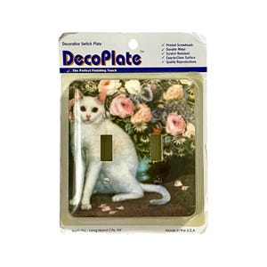 Vintage DecoPlate™ "White Cat" Double-Toggle Light Switch Plate, Feline and Florals, Icon, Inc., (4.5" x 4.5"), Made In USA - (1996)